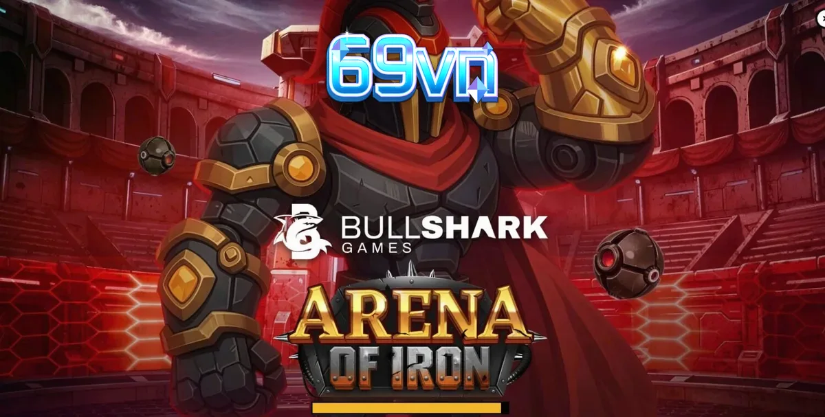 Giao diện trò chơi slot Arena of Iron với các chiến binh robot và biểu tượng tương lai